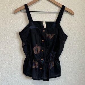 VTG Womens Union Tank Top Floral Flowers Button Front Cinched Waist Small